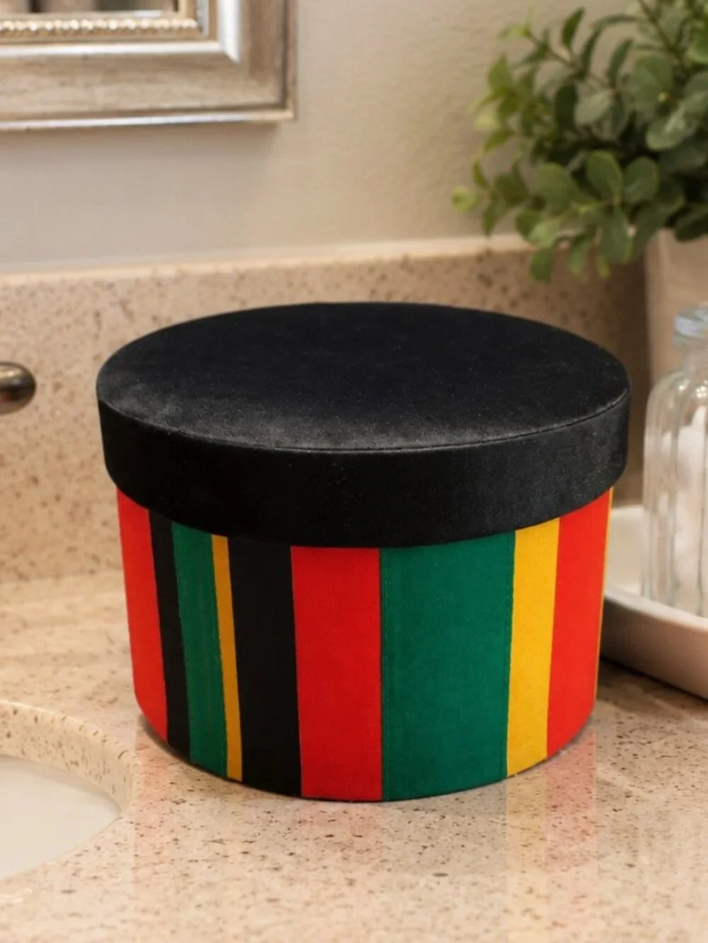 Vintage 1970s Striped Velvet Circle Box SHIPS FREE